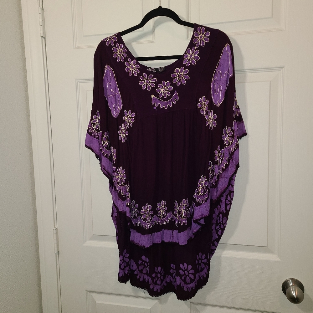 Vintage Y2K Fairy Whimsical Poncho One Size Purple Embroidered Boho Grunge